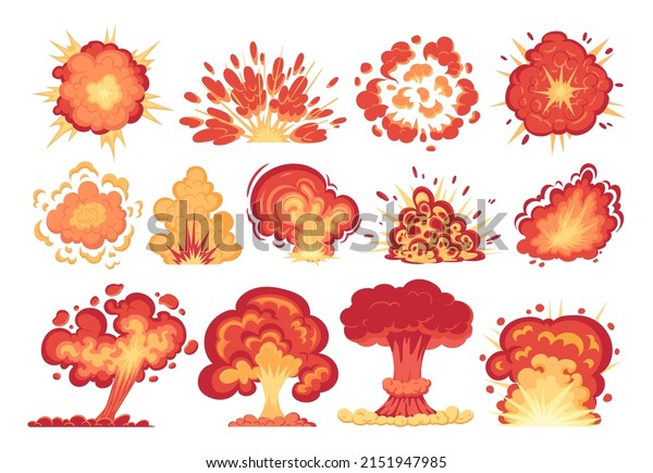 Cartoon\
bomb explosions, dynamite detonation fire burning clouds. Danger\
bomb explosion with fire and comic smoke clouds vector\
illustrations set. Bomb detonation\
collection
