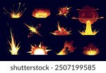 Cartoon bomb explosions. Fiery boom effect. Smoke clouds. Explosive energy. Weapon detonation. Dynamite and atomic danger. Game asset. Destruction attack. Burst elements
