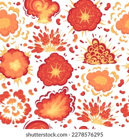 Cartoon bomb explosions vector seamless pattern. Dynamite detonation fire burning clouds, bomb explosion with fire and smoke clouds vector background illustration