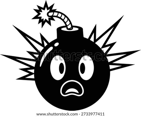 Cartoon bomb with a scared face and explosion effect around it looks worried