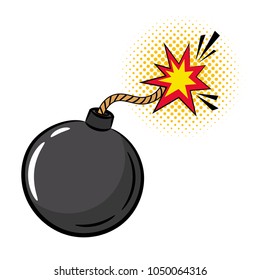 Cartoon bomb. Vector wicked bomb icon with fire detonator in pop art style isolated on white background