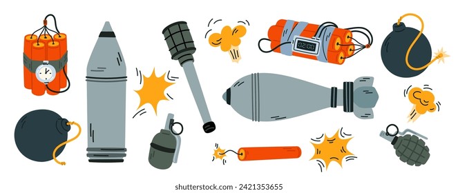 Bombas de caricatura. Armas de destrucción en masa mortales. Cohetes y granadas. detonador TNT. Minas y temporizador de dinamita. arsenal militar. Explosión explosiva. Explosión de pólvora