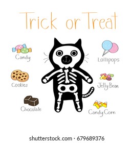 Cartoon bone cat trick or treat in the halloween vector