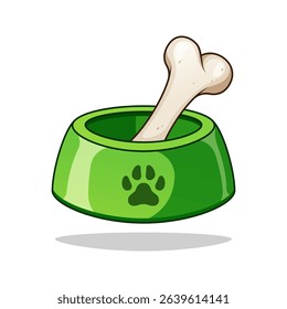 Cartoon bone in dog bowl vector isolated on white background.