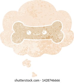 hueso de dibujos animados con burbuja de pensamiento en un estilo retro angustiado con textura gruesa