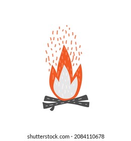Cartoon bonefire. Black sticks or firewood burn in red fire. Burning wood. Vector hand drawn illustration isolated on white background. Camping colors icon for web banner, campsite cooking or BBQ