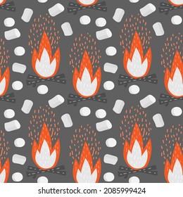 Cartoon bonefire and marshmallows seamless pattern. Fried marshmallow on gray background. Vector hand drawn illustration for textile printing, wallpaper, Camping web banner, campsite cooking