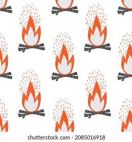 Cartoon Bonefire Seamless Pattern. Black Sticks Or Firewood Burn In Red Fire. Burning Wood. Vector Hand Drawn Illustration For Textile Printing, Wallpaper, Camping Web Banner, Campsite Cooking Or BBQ.