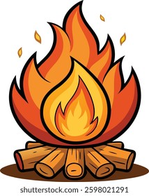 Cartoon Bonfire Clipart Illustration with Flames. Burning Campfire Icon Flat Style Firewood Flames. Hand Drawn Hot Blazing Fire. Cozy Warmth Symbol with Logs.