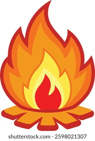 Cartoon Bonfire Clipart Illustration with Flames. Burning Campfire Icon Flat Style Firewood Flames. Hand Drawn Hot Blazing Fire. Cozy Warmth Symbol with Logs.