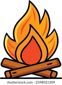 Cartoon Bonfire Clipart Illustration with Flames. Burning Campfire Icon Flat Style Firewood Flames. Hand Drawn Hot Blazing Fire. Cozy Warmth Symbol with Logs.