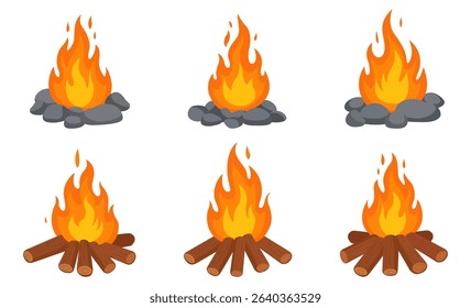 Cartoon Bonfire Flames Set, Wood-Burning Campfire, Bonfire On Rocks, Isolated On White Background. Vector Illustration