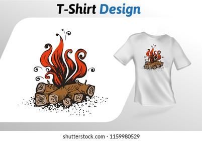 Cartoon bonfire flat t-shirt print. Colorful mock up t-shirt design template. Vector template, isolated on white background.