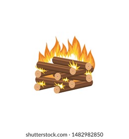 Cartoon bonfire - log cabin method of firewood stacking with burning wood pieces stacked in neat square shape, flat cartoon logs on hot fire for campfire site, isolated vector illustration