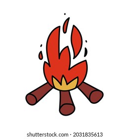 Cartoon bonfire. Red burning fire with wood. Vector stock illustration of a campfire isolated on white background.