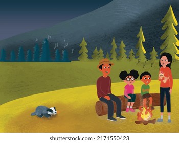 Cartoon bonfire scene vector design, with colorful background