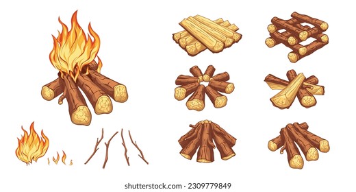 Cartoon bonfire schemes. Isolated set of firewood. Camping fire clipart. Campfire elements. Flame, branch and wood icons. Vector illustration