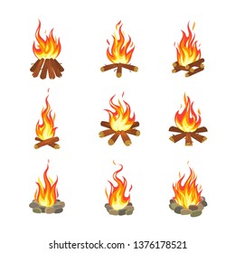 Cartoon bonfire. Tourist summer campfires flame, firewood torch fireplace burning stacked wood flat gaming design. Fire vector illustration