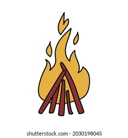 Cartoon bonfire. Yellow burning fire with firewood. Vector stock illustration of a campfire isolated on white background.