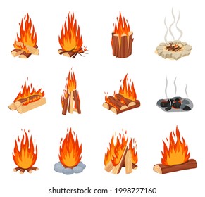 Cartoon bonfires. Outdoor burning fire flames with stone border, burned out bonfire. Forest tourist burning campfire with smoke vector set. Outdoor burning wooden logs, camping fireplace