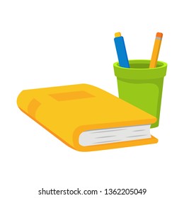 The cartoon the book with a ball pen and a pencil. Education concept. School supplies.Isolated on a white background.
