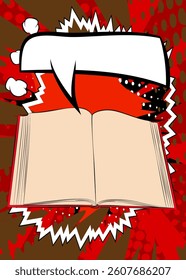 Cartoon Book with blank speech bubble, comic book Library background. Retro vector comics pop art design.