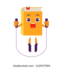 Cartoon book character athlete doing exercises, working out with skipping rope. Vector humanized sport textbook for kindergarten, preschool and school kids design.
