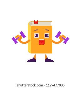 Cartoon book character athlete working out in gym doing dumbbell exercise. Vector humanized sport textbook for kindergarten, preschool and school kids design.