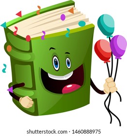 Cartoon book character is holding balloons, illustration, vector on white background.