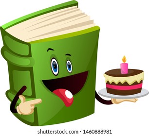 Cartoon book character is holding a caker, illustration, vector on white background.