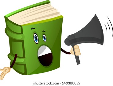 Cartoon book character is holding megaphone, illustration, vector on white background.