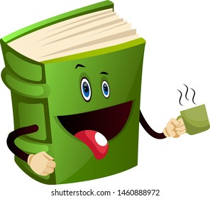 Cartoon book character is holding mug, illustration, vector on white background.