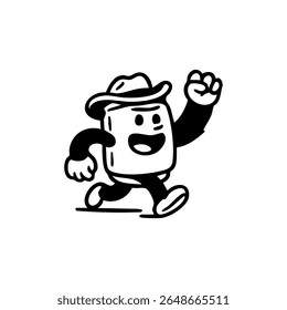 A cartoon book character wearing a cowboy hat and walking with a happy expression, raising a fist in a celebratory manner