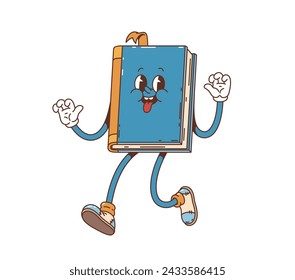 Cartoon book groovy character. Isolated vector whimsical textbook personage with sticking bookmark and tongue, expressive eyes and perpetual grin, ready for back to school education and adventures