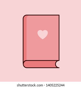 Cartoon book icon. Coral flat diary with heart. Web education, book shop, study logo template