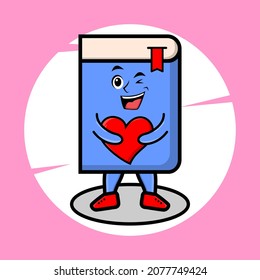 Cartoon book mascot holding big red heart in cute style for t-shirt, sticker, and logo element