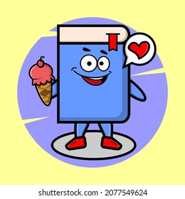 Cartoon book mascot holding ice cream cone cute style design for t-shirt, sticker, logo element