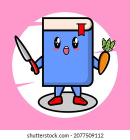 Cartoon book mascot holding knife and carrot in cute style for t-shirt, sticker, logo element