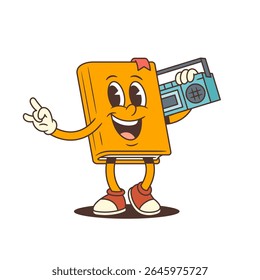 Cartoon book mascot holding old cassette player on shoulder with cheerful smile and rock gesture. Music vibe combined with playful character perfect for fun educational content. Vector illustration