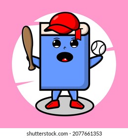 Cartoon book mascot playing baseball in cute stylish design for t-shirt, sticker, and logo elements