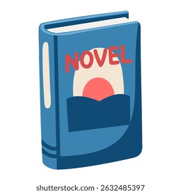 Cartoon book with romantic sunset illustration and title text on the cover. Vector isolated illustration on white background