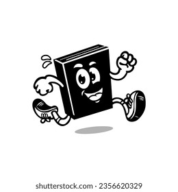Cartoon book running vector design. Black and white. Character flat design