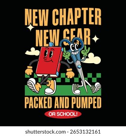 Cartoon book and scissors characters walking together in a retro comic illustration