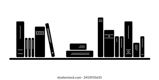 Cartoon book shelf, books pile. Library, shelves of books. Education concept. World book day. Literature for student or homework. Study books. Bookcase, bookshelf, library, For reading room