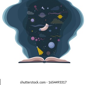 Cartoon book with space background. Vector template about imagination. Creativity and education concept.