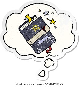 cartoon book of spells with thought bubble as a distressed worn sticker