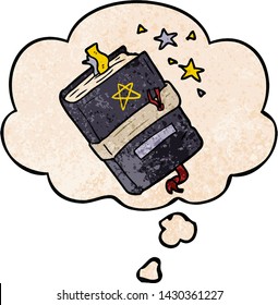 cartoon book of spells with thought bubble in grunge texture style
