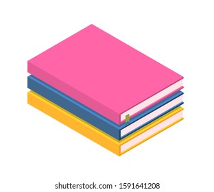 Cartoon book stack office items isolated on white. Important information, paperwork. Self-development and education. Workplace logo. Library and literature. Vector flat reading illustration