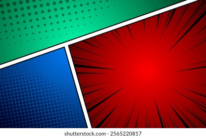 Cartoon book superhero scrapbook page template, graphic art frame layout template illustration. Pop art background