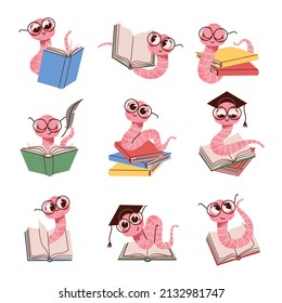 Cartoon book worm. Cute kids intelligent worm mascot in glasses, reading books, funny student animal character, cute colorful earthworm smart insect, education and knowledge symbol vector set